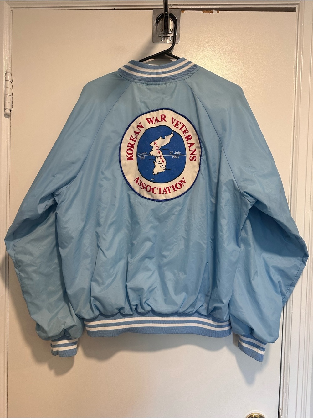 VTG 80s Korean War Veterans Assn. Hartwell Sz:L Blue Bomber Windbreaker Jacket.